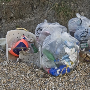 Rubbish collected from waste disposal and recycling from beach, Dorset, England, April
