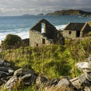 Ruined coastal dwelling and farm buildings, Coumeenole, Slea Head, Dingle Peninsula, County Kerry, Munster, Ireland Ruined coastal dwelling and farm buildings, Coumeenole, Slea Head, Dingle Peninsula, County Kerry, Munster, Ireland