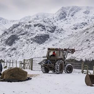 Sheep farming, tractor and silage bale for feed in snow covered upland pasture, Elmhow Farm, Grisedale, Lake District