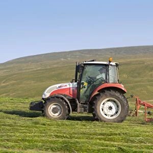 Steyr tractor with tedder, turning grass in upland hay meadow, Cumbria, England, July
