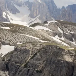 Stone stripes from frost heave in high altitude tundra, Tre Cime, Dolomites, Italian Alps, Italy, June Stone stripes from frost heave in high altitude tundra, Tre Cime, Dolomites, Italian Alps, Italy, June