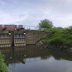 Twin flood barriers, River Severn, Gloucestershire, England, April