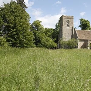 View of 14th Century church beside long grass of meadow, St. Nicholas Church, Thelnetham, Suffolk, England, may