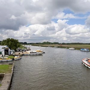 View of boatyard and hire boats, Acle Bridge, Acle, River Bure, The Broads N. P. Norfolk, England, august