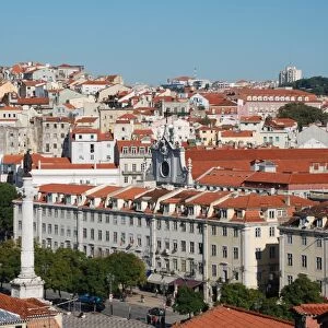 View over city with statue of King Dom Pedro IV on column, Rossio Square, Pombaline Lower Town, Central Lisbon