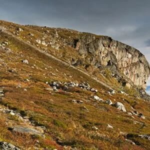 View of cliffs at summit of fell, Saana Fell, Kilpisjarvi, Enontekio, Lapland, Finland, September