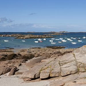 View of coast with boats moored at sea, Trebeurden, Cotes-d Armor, Brittany, France, September