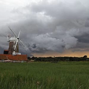 View over coastal reedbed habitat towards windmill and stormclouds, Cley Windmill, Cley Marshes, Cley-next-the-sea