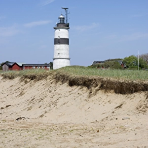 View of coastal sand dunes and lighthouse, Morups Tange Lighthouse, Halland County, Sweden, may