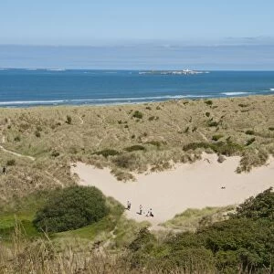 View of coastline with sand dunes, looking towards distant Farne Islands, Bamburgh, Northumberland, England, july
