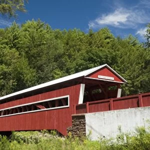 View of covered bridge crossing river, The Twin Bridges, East and West Paden, Huntington Creek, Columbia County