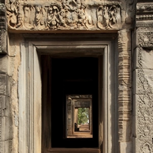 View through doorways with bas-relief in Khmer Hindu temple, Banteay Samre, Angkor, Siem Riep, Cambodia
