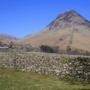 View over drystone wall towards fell, Yewbarrow, Bowderdale, Wasdale Valley, Lake District N. P