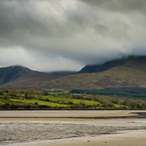 View of hills and beach at low tide, Drum West, Dingle Peninsula, County Kerry, Munster, Ireland, November