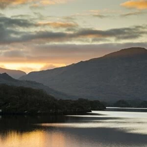 View of lake and mountains at sunset, Upper Lake, Lakes of Killarney, Dunkerron Mountains, Killarney N. P