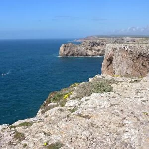 View looking north along sea cliffs, Cabo de Sao Vicente, Costa Vicentina, Algarve, Portugal, april