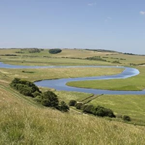 View of meandering river in coastal floodplain, River Cuckmere, Seven Sisters Country Park, Cuckmere Haven