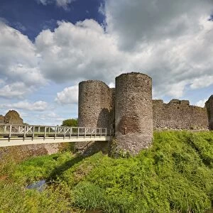 View of medieval castle with moat, White Castle, Monnow Valley, Monmouthshire, South Wales, Wales, July