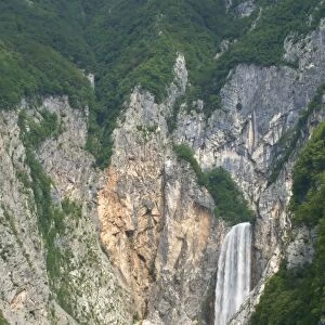 View of mountain waterfall, Boka Falls, Bovec, Soca Valley, Julian Alps, Slovenia