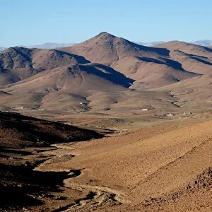 View of mountainous desert landscape, Djebel Sarhro, Anti-Atlas, Atlas Mountains, Morocco, February