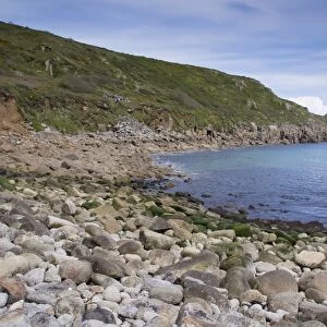 View of pebble beach and coastline, Lamorna Cove, Cornwall, England, May
