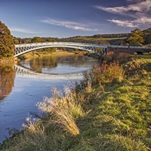 View of river and bridge at dawn, Bigsweir Bridge, Bigsweir, River Wye, Wye Valley, Monmouthshire, Wales, October