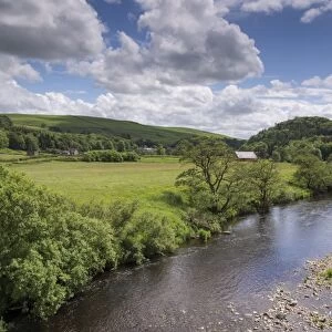View of river flowing through farmland, River Hodder, Whitewell, Forest of Bowland, Lancashire, England, June