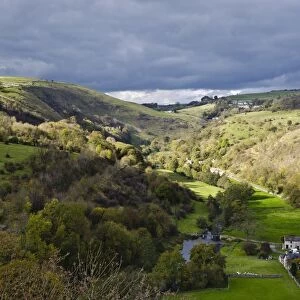 View of river valley with farm building, looking from Monsal Head, Upperdale, Peak District, Derbyshire, England
