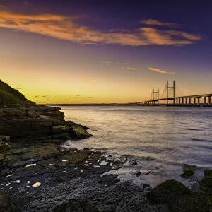 View of road bridge over river at sunrise, viewed from Divers Rock at Sudbrook, Second Severn Crossing, River Severn