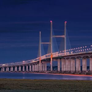 View of road bridge over river at twilight, viewed from Caldicot, Second Severn Crossing, River Severn, Severn Estuary