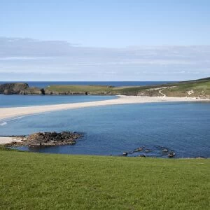 View of sandy beach connecting St. Ninians Isle to Bigton, Mainland, Shetland Islands, Scotland, May