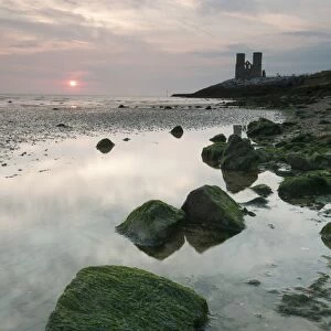 View of seaweed covered rocks beach at low tide, with 12th Century ruined church in distance at sunrise, St