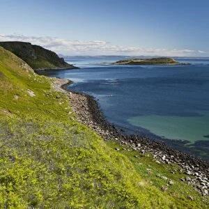View of south coastline and island, Brosdale Island, Ardfin Estate, Isle of Jura, Inner Hebrides, Scotland