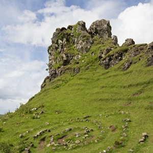 View of stone circle and rock outcrop tower formation, Castle Ewen, Fairy Glen, Trotternish Peninsula, Isle of Skye