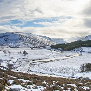 View of upland valley with river in snow, River Dee Valley, near Braemar, looking west towards summit of Creag Bhaig