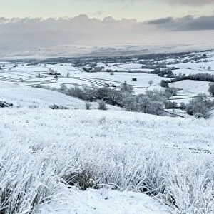 View of valley farmland covered in snow, Upper Eden Valley, near Kirkby Stephen, Cumbria, England, December
