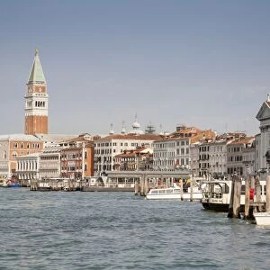View across waterfront towards palace and cathedral belltower, looking from Arsenale Vaporetto stop, Doges Palace, St