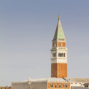 View across waterfront towards palace and cathedral belltower, Doges Palace, St. Marks Campanile, St