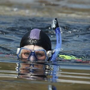 Woman snorkelling at surface of sea, Kimmeridge Bay, Isle of Purbeck, Dorset, England, July