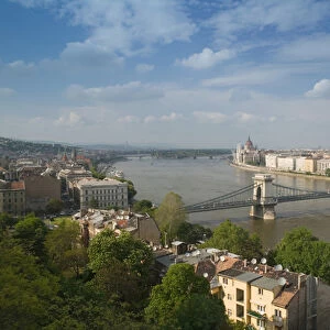 HUNGARY-Budapest: Buda / Castle Hill View of- Danube River, Szechenyi (Chain)