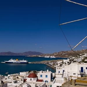 Mykonos, Greece harbor with Blue Star Ferries has docked
