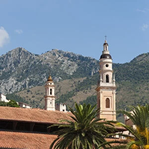 St. Michel church bell tower and old market, Menton, French Riviera, Cote d Azur