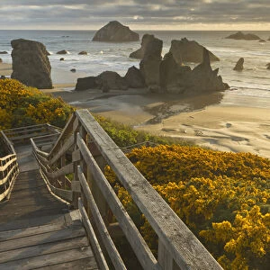 A stairway leads to the beach in Bandon, Oregon