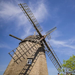 Sweden, Oland Island, Strandskogen, antique wooden windmill