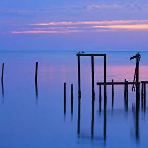 USA, Florida. Apalachicola, Remains of an old dock at sunrise