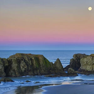 USA, Oregon, Bandon. Full moon sets over sea stacks on beach