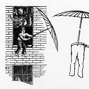 Engraving of man escaping fire via parachute