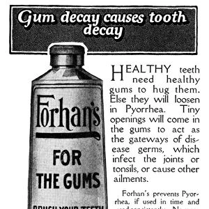 AD: TOOTHPASTE, 1919. American advertisement for Forhans for the Gums, 1919