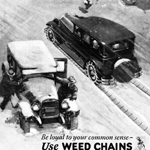 AD: WEED CHAINS, 1927. American advertisement for Weed Chains, a product of the