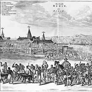 AFRICA: BENIN CITY, 1686. The King of Benin heads a procession of musicians and horsemen from the palace of Benin City in present day Nigeria, West Africa. Line engraving from Doppers Description d Afrique, Amsterdam, 1686